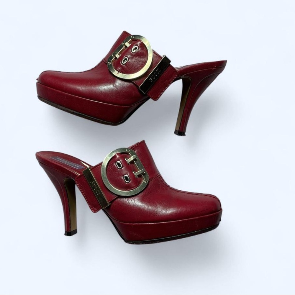 Emilio Pucci Red Leather Mules with Gold Buckle